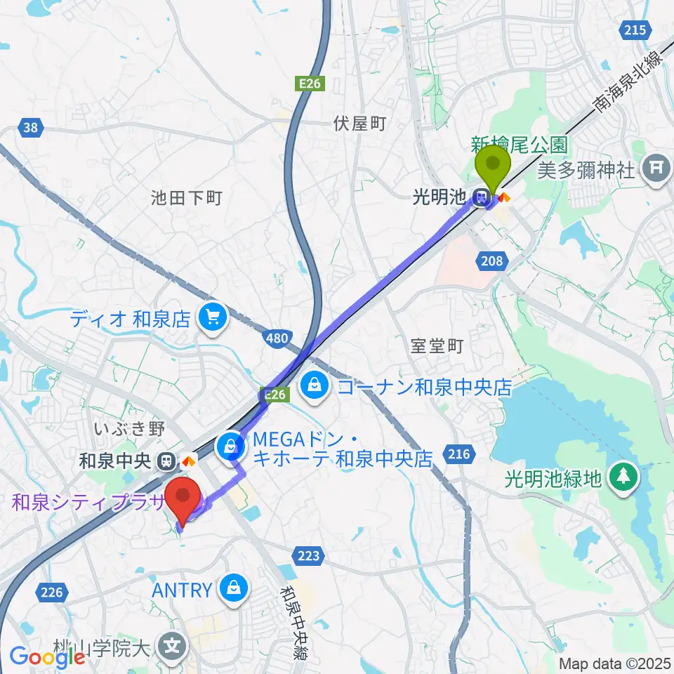 光明池駅から和泉シティプラザへのルートマップ地図