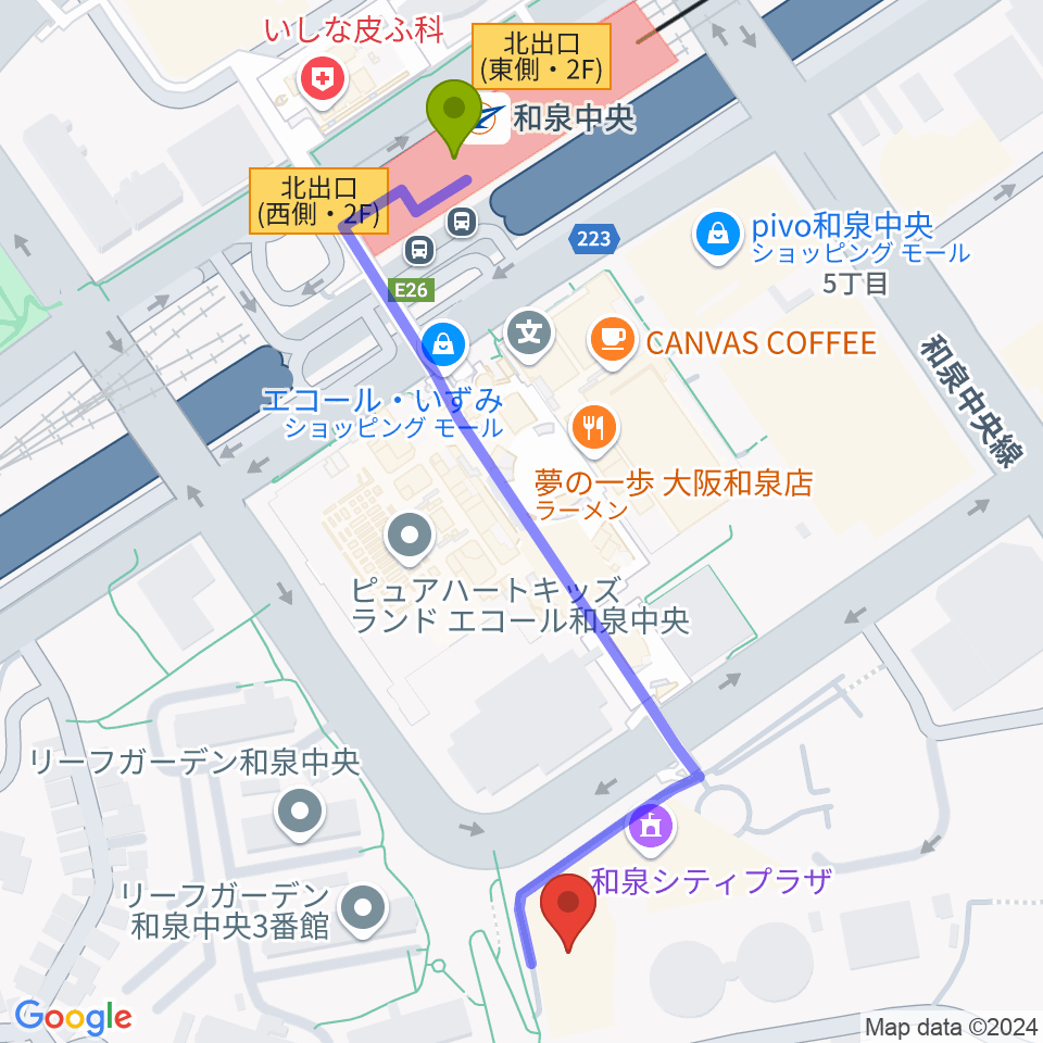 和泉シティプラザの最寄駅和泉中央駅からの徒歩ルート（約6分）地図