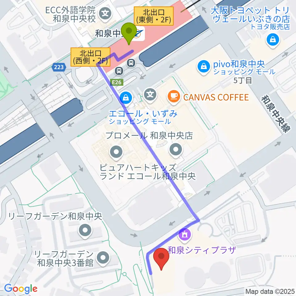 和泉シティプラザの最寄駅和泉中央駅からの徒歩ルート（約6分）地図