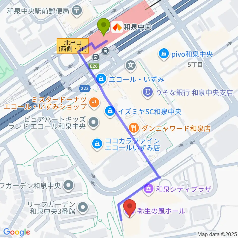 和泉シティプラザの最寄駅和泉中央駅からの徒歩ルート（約6分）地図