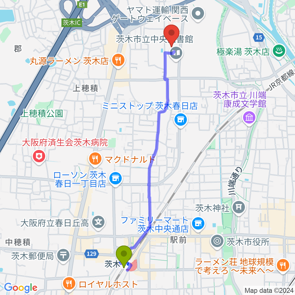 茨木駅から茨木市立生涯学習センターきらめきへのルートマップ地図