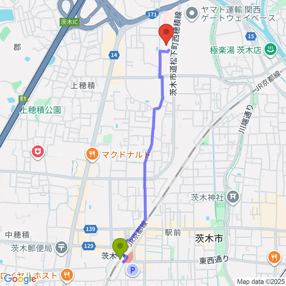 茨木駅から茨木市立生涯学習センターきらめきへのルートマップ地図
