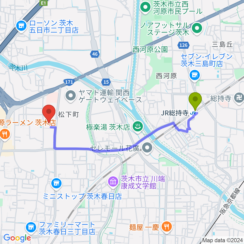 茨木市立生涯学習センターきらめきの最寄駅JR総持寺駅からの徒歩ルート（約19分）地図