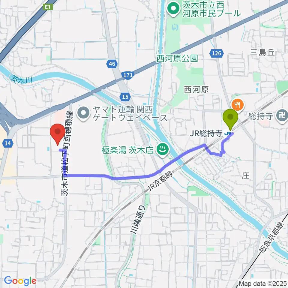 茨木市立生涯学習センターきらめきの最寄駅JR総持寺駅からの徒歩ルート（約19分）地図