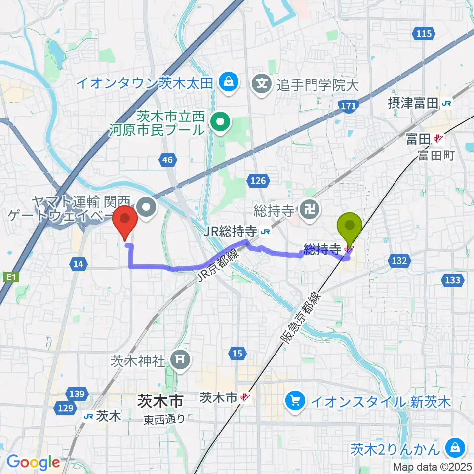 総持寺駅から茨木市立生涯学習センターきらめきへのルートマップ地図