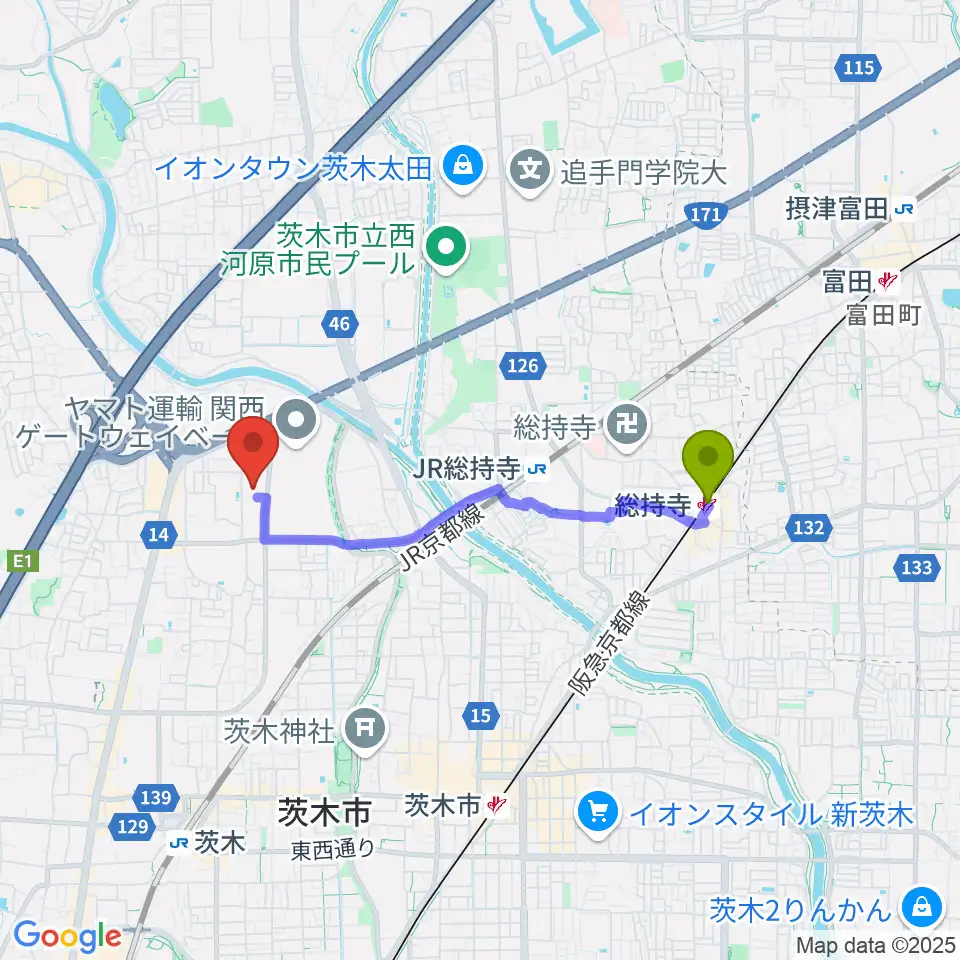 総持寺駅から茨木市立生涯学習センターきらめきへのルートマップ地図