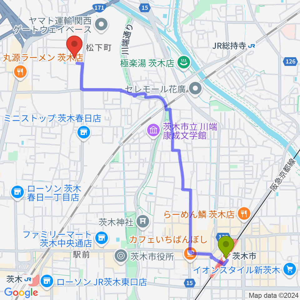 茨木市駅から茨木市立生涯学習センターきらめきへのルートマップ地図