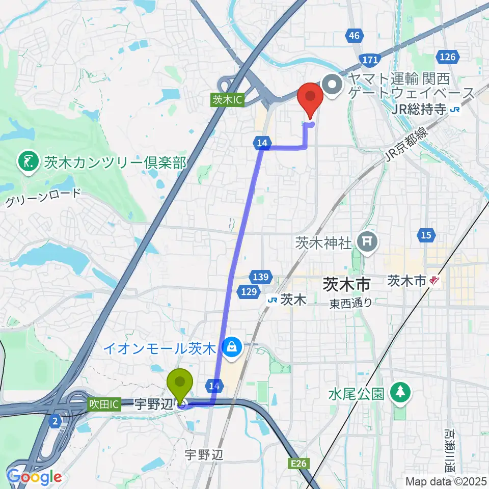 宇野辺駅から茨木市立生涯学習センターきらめきへのルートマップ地図