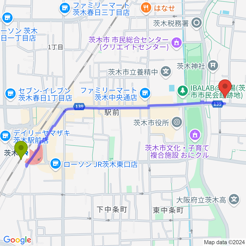 茨木駅から茨木市立男女共生センターローズWAMへのルートマップ地図