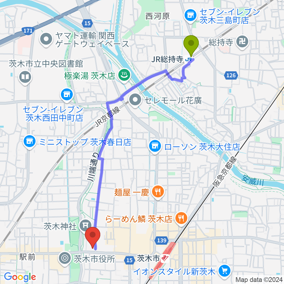 JR総持寺駅から茨木市立男女共生センターローズWAMへのルートマップ地図