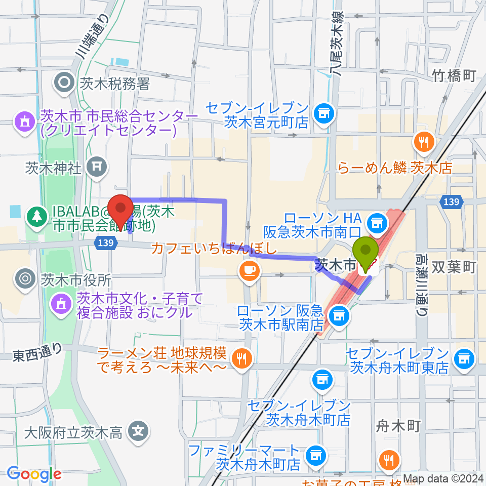 茨木市立男女共生センターローズWAMの最寄駅茨木市駅からの徒歩ルート（約8分）地図