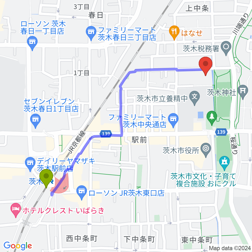 茨木駅から茨木市市民総合センター クリエイトセンターへのルートマップ地図