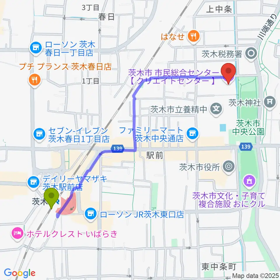 茨木駅から茨木市市民総合センター クリエイトセンターへのルートマップ地図