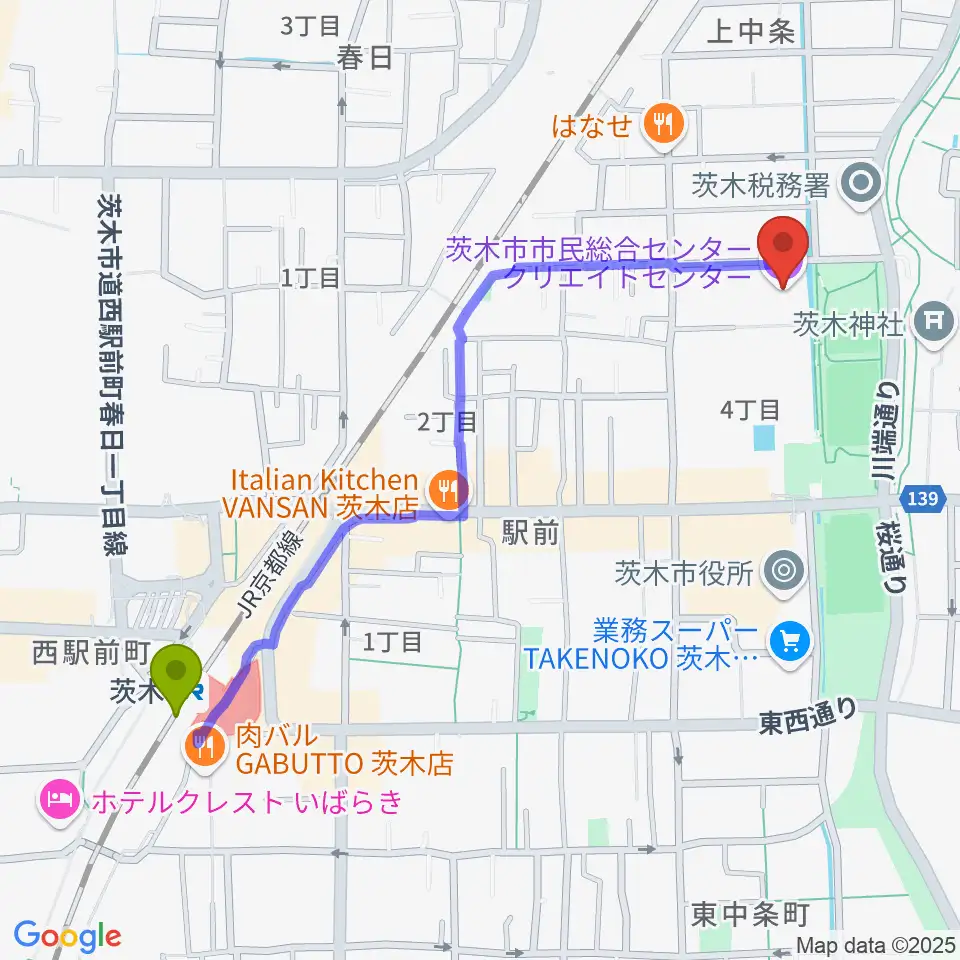 茨木駅から茨木市市民総合センター クリエイトセンターへのルートマップ地図