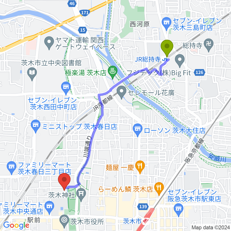 JR総持寺駅から茨木市市民総合センター クリエイトセンターへのルートマップ地図
