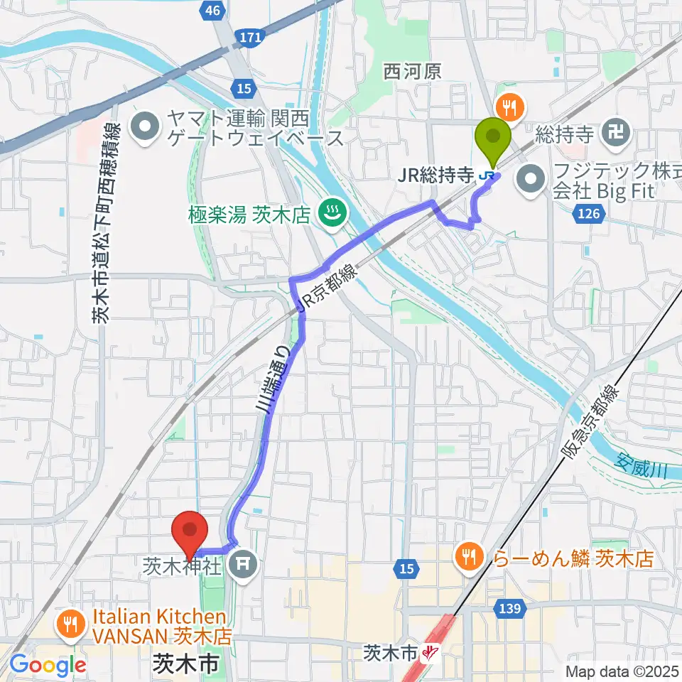 JR総持寺駅から茨木市市民総合センター クリエイトセンターへのルートマップ地図