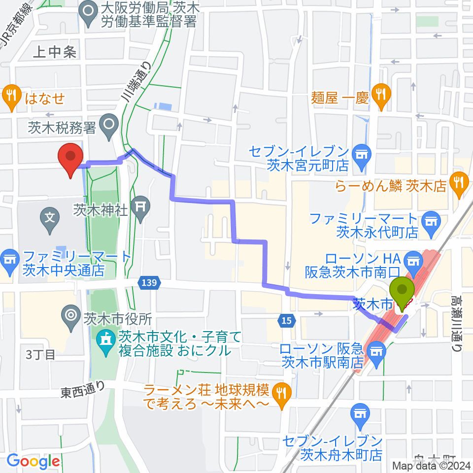 茨木市市民総合センター クリエイトセンターの最寄駅茨木市駅からの徒歩ルート（約12分）地図