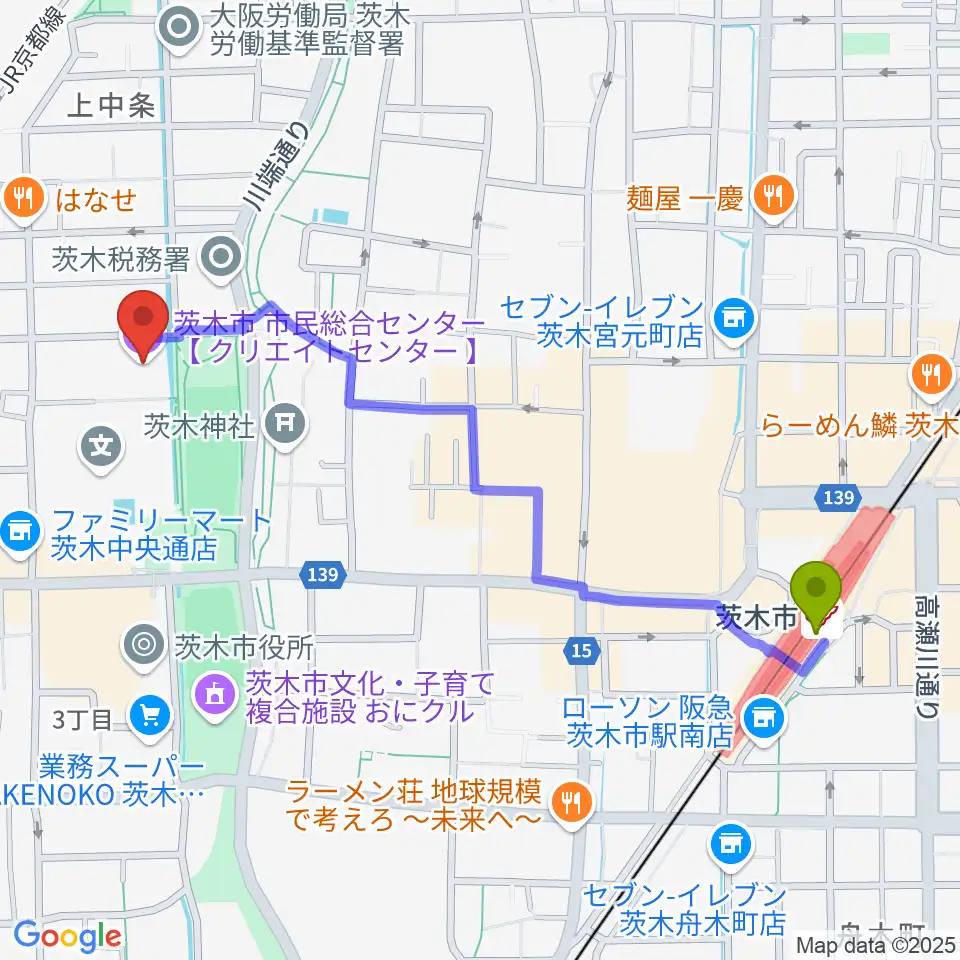 茨木市市民総合センター クリエイトセンターの最寄駅茨木市駅からの徒歩ルート（約12分）地図