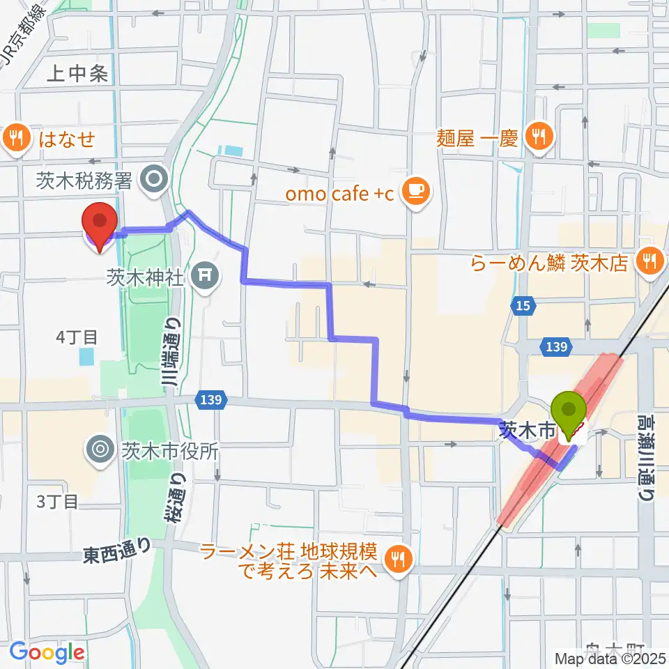 茨木市市民総合センター クリエイトセンターの最寄駅茨木市駅からの徒歩ルート（約12分）地図