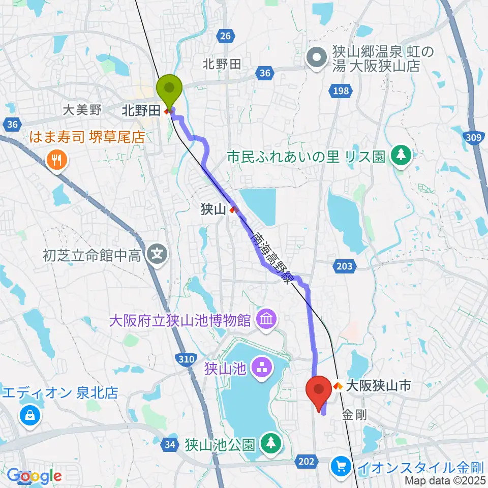 北野田駅から大阪狭山市文化会館 SAYAKAホールへのルートマップ地図