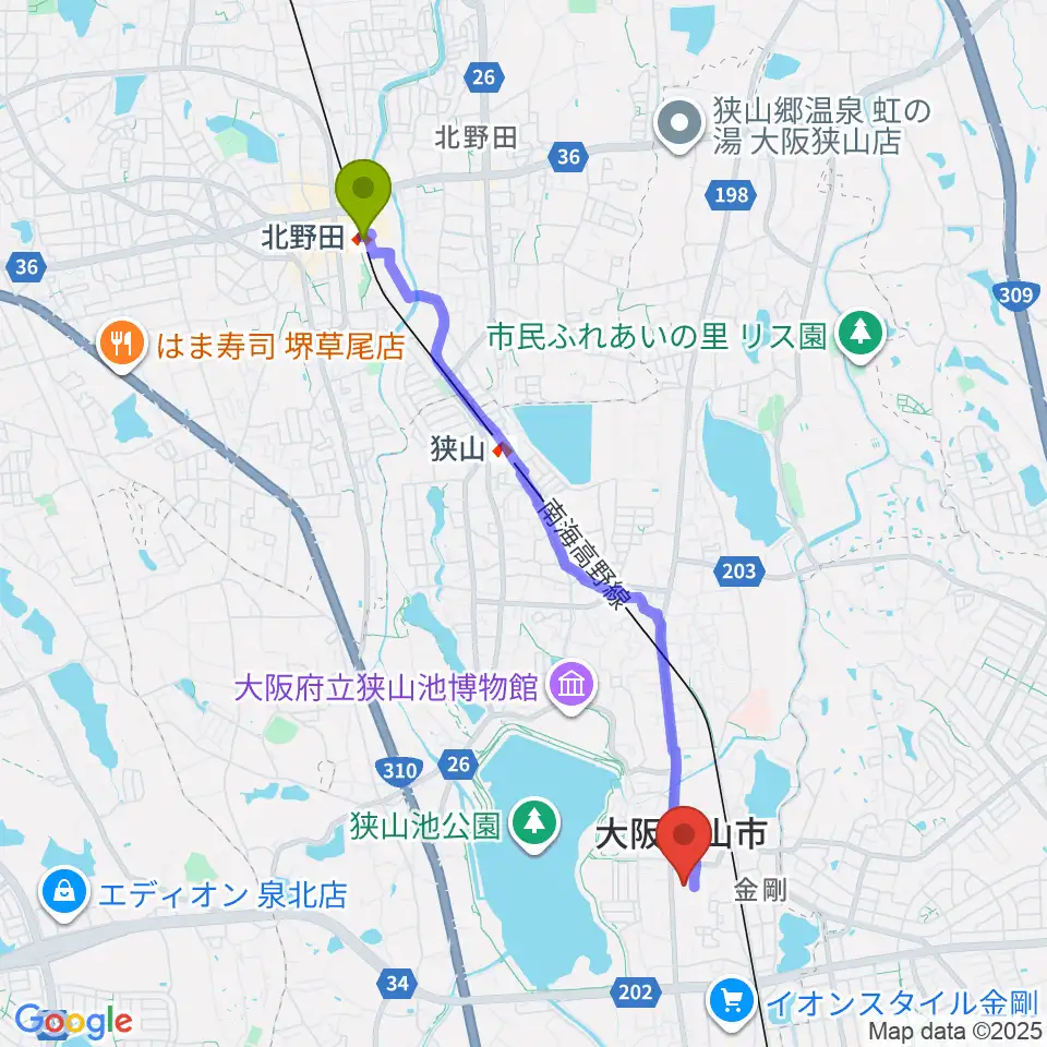 北野田駅から大阪狭山市文化会館 SAYAKAホールへのルートマップ地図