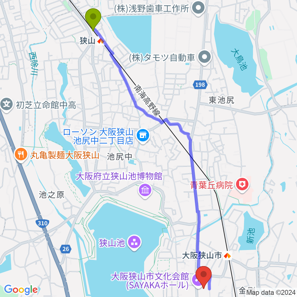 狭山駅から大阪狭山市文化会館 SAYAKAホールへのルートマップ地図