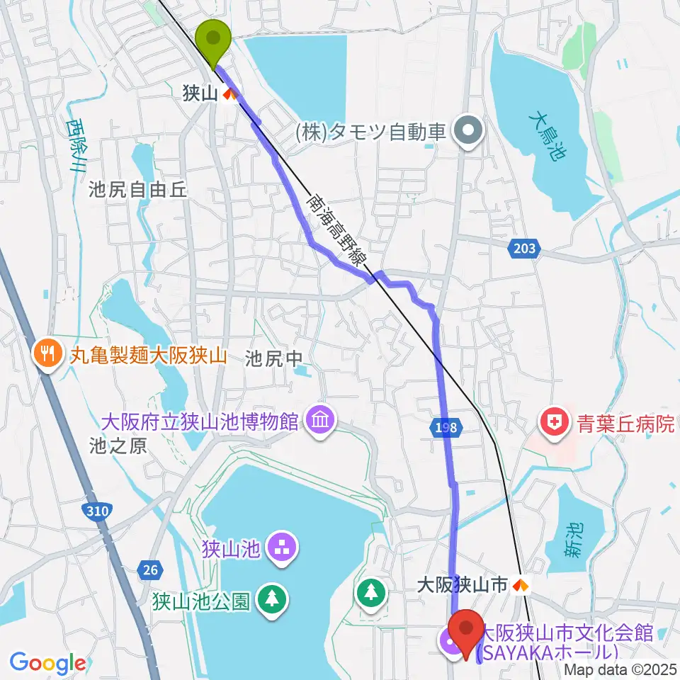 狭山駅から大阪狭山市文化会館 SAYAKAホールへのルートマップ地図