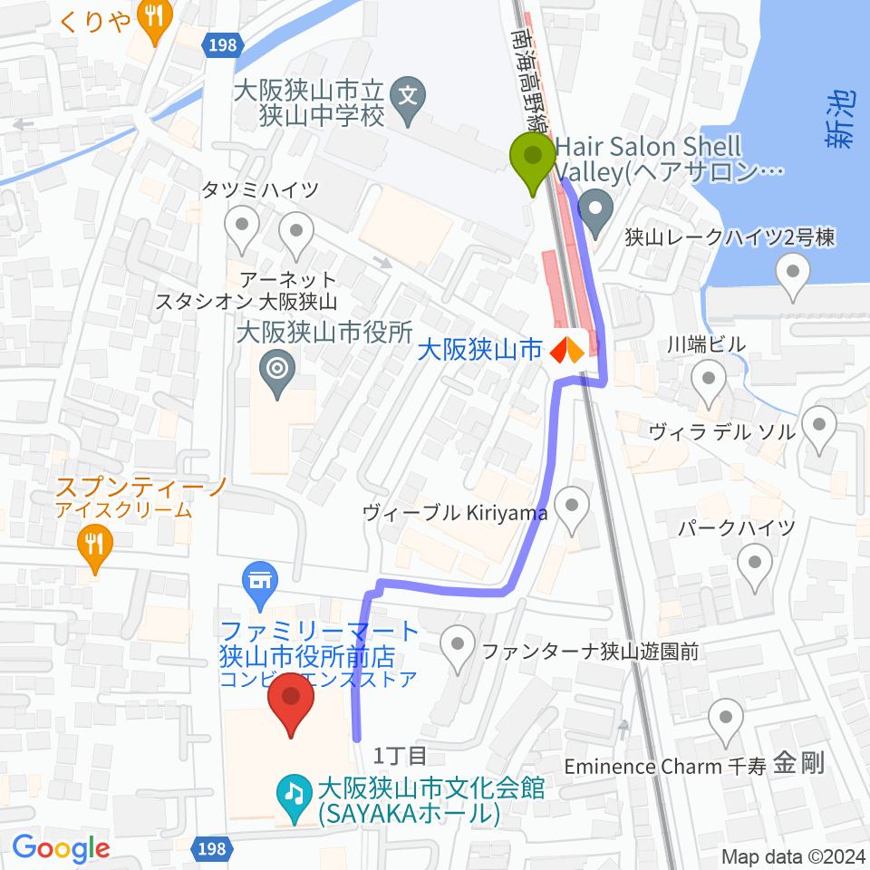 大阪狭山市文化会館 SAYAKAホールの最寄駅大阪狭山市駅からの徒歩ルート（約5分）地図
