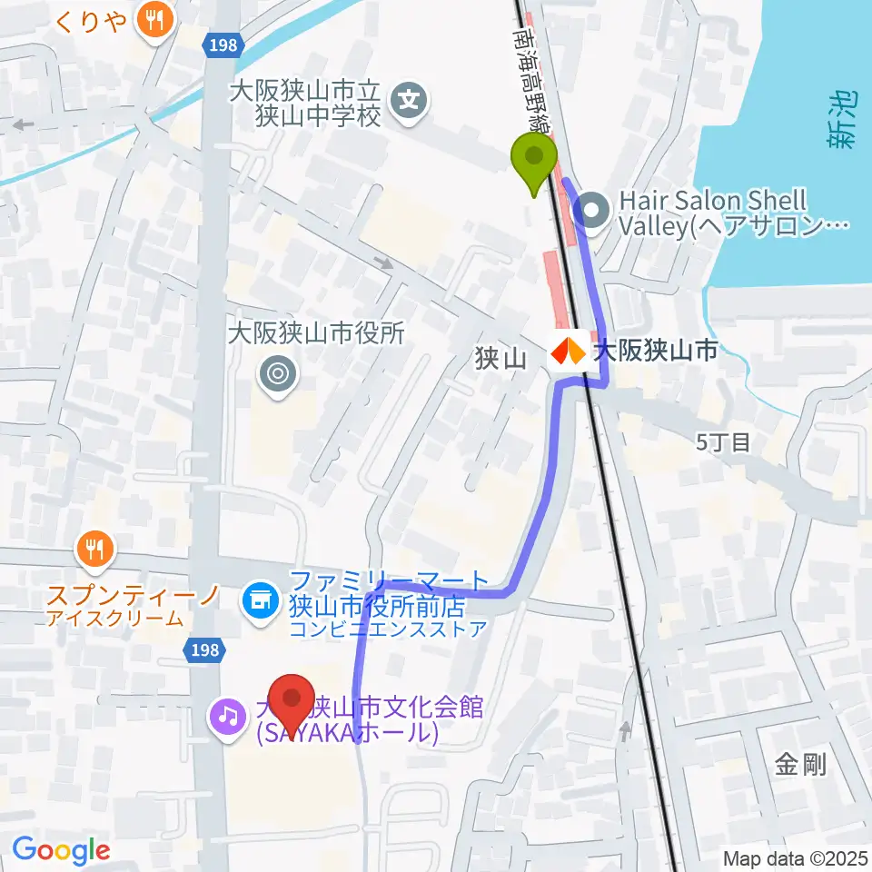 大阪狭山市文化会館 SAYAKAホールの最寄駅大阪狭山市駅からの徒歩ルート（約5分）地図