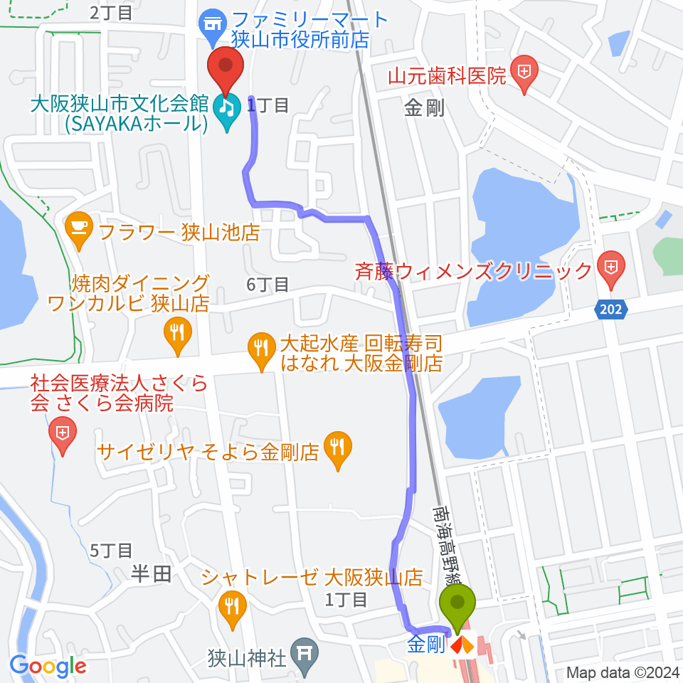 金剛駅から大阪狭山市文化会館 SAYAKAホールへのルートマップ地図
