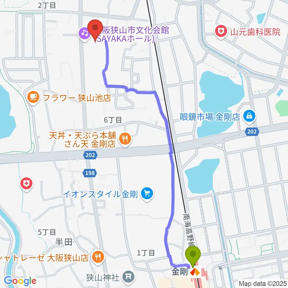 金剛駅から大阪狭山市文化会館 SAYAKAホールへのルートマップ地図