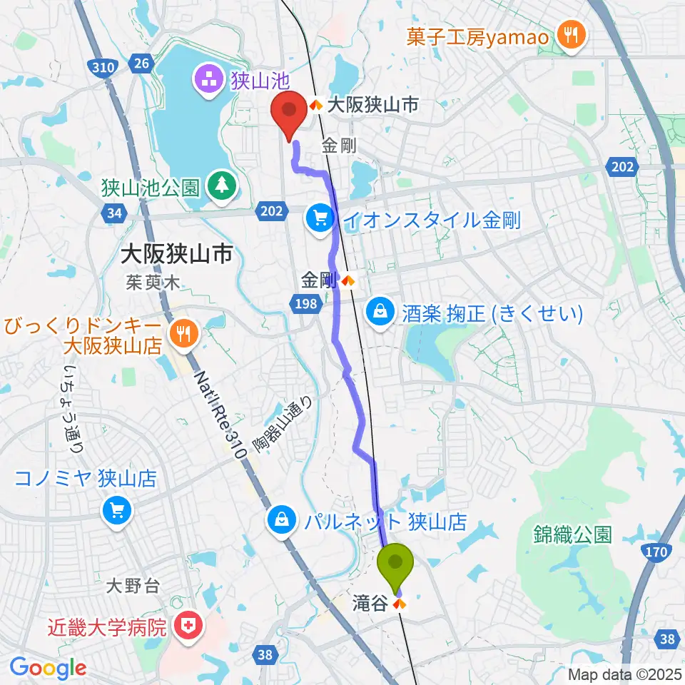 滝谷駅から大阪狭山市文化会館 SAYAKAホールへのルートマップ地図