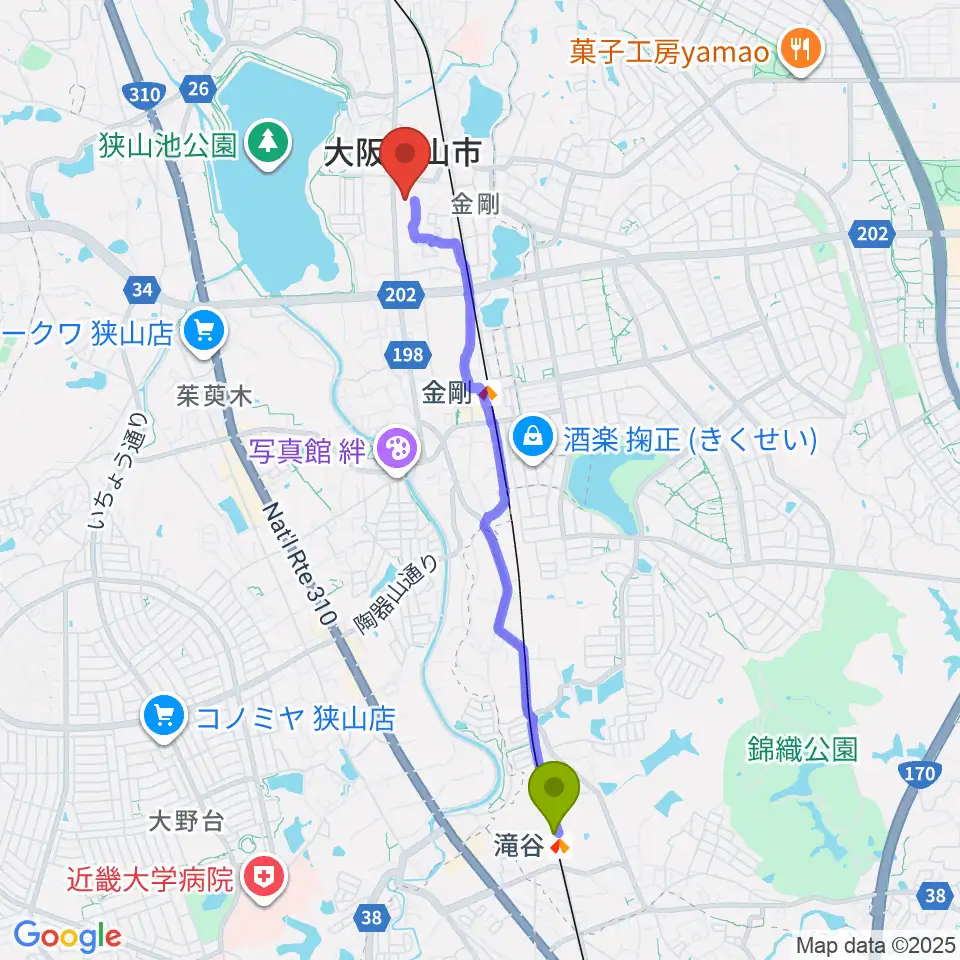 滝谷駅から大阪狭山市文化会館 SAYAKAホールへのルートマップ地図