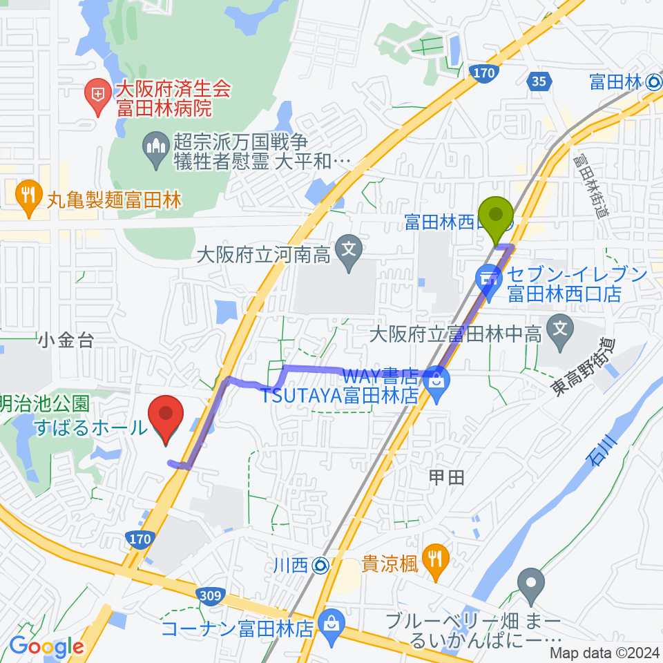 富田林西口駅からすばるホールへのルートマップ地図
