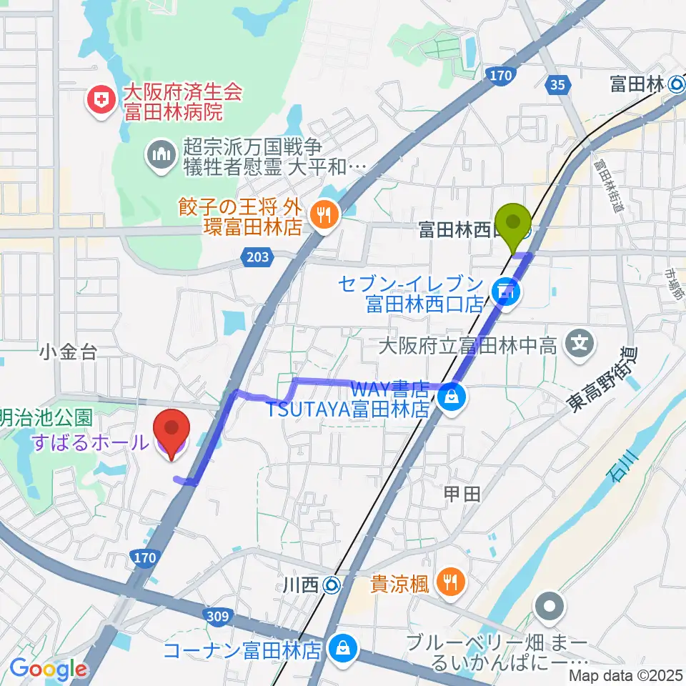 富田林西口駅からすばるホールへのルートマップ地図