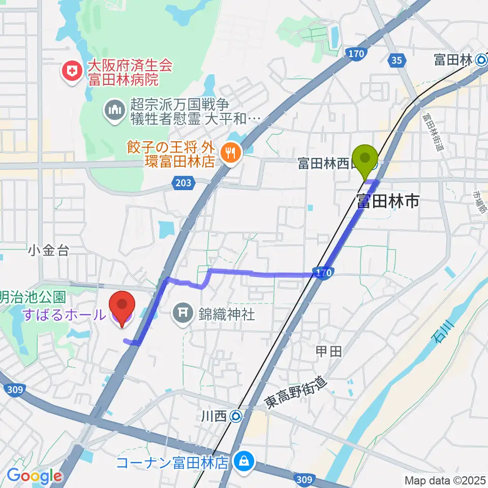富田林西口駅からすばるホールへのルートマップ地図