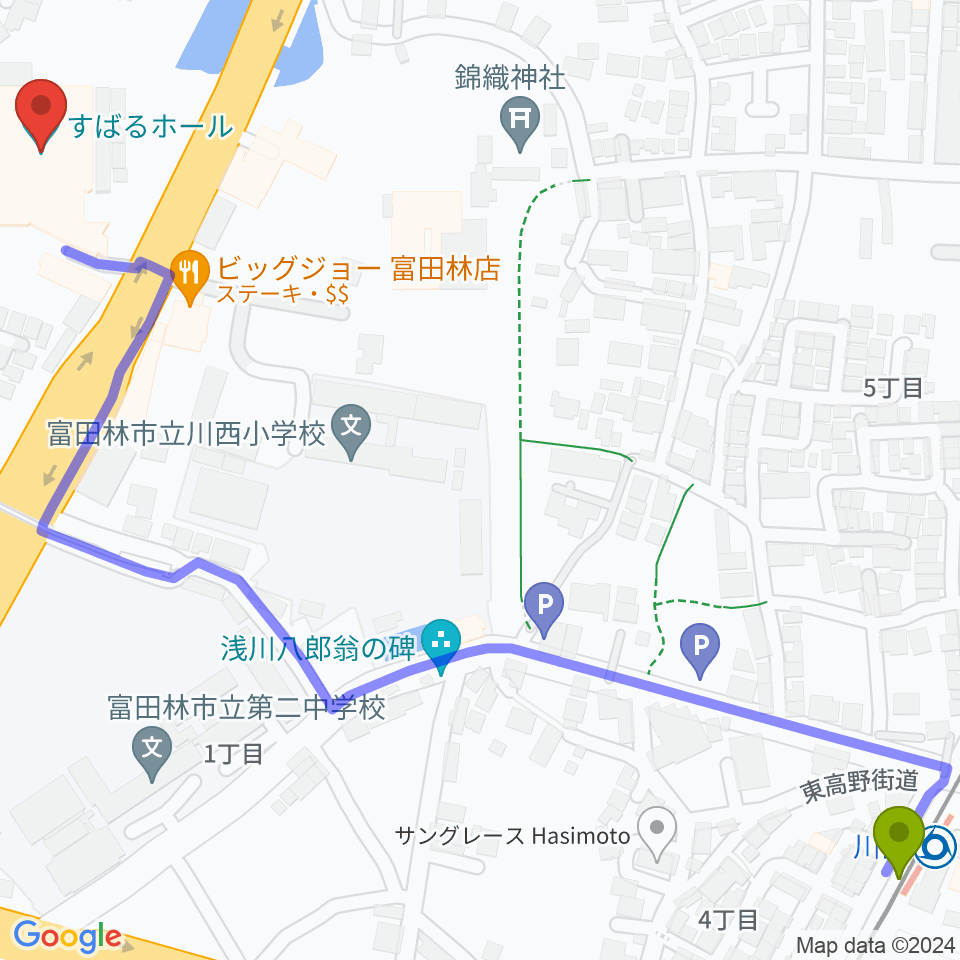 すばるホールの最寄駅川西駅からの徒歩ルート（約9分）地図