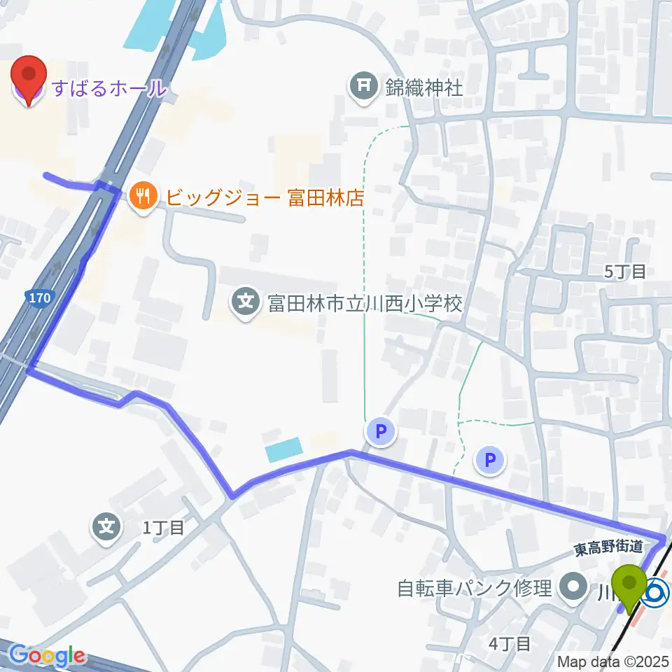 すばるホールの最寄駅川西駅からの徒歩ルート（約9分）地図