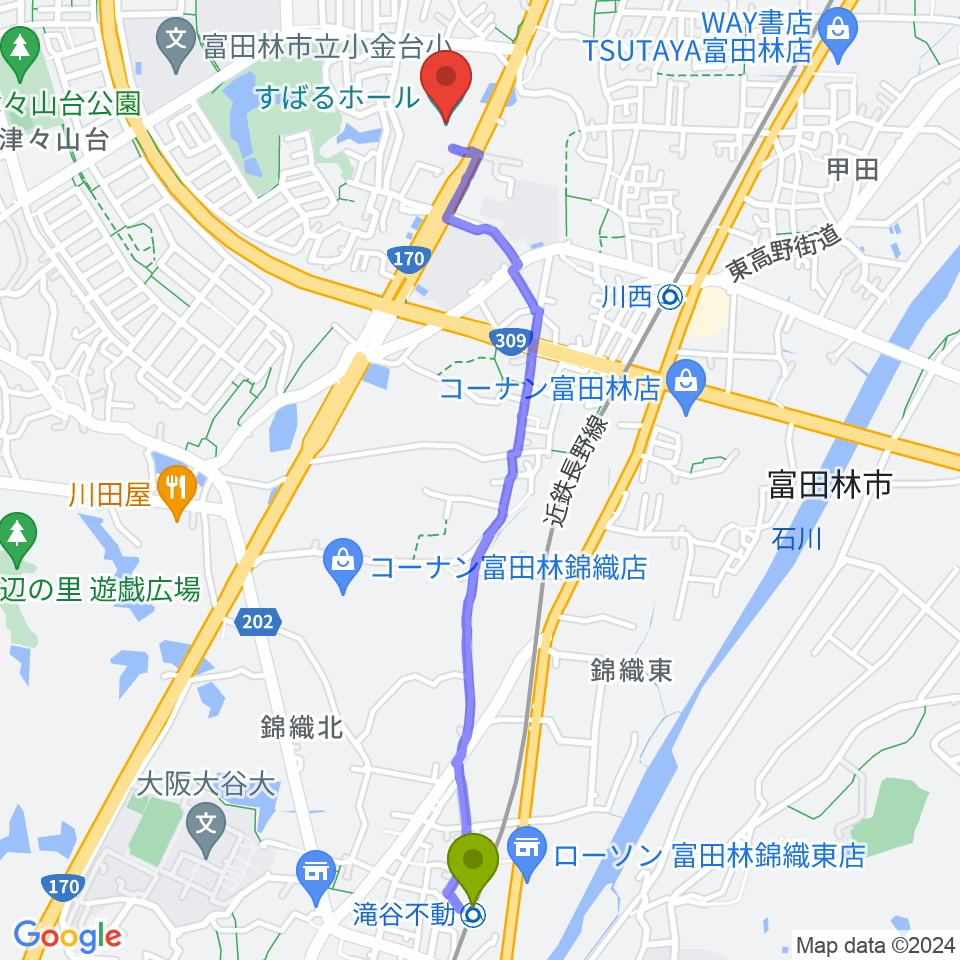 滝谷不動駅からすばるホールへのルートマップ地図