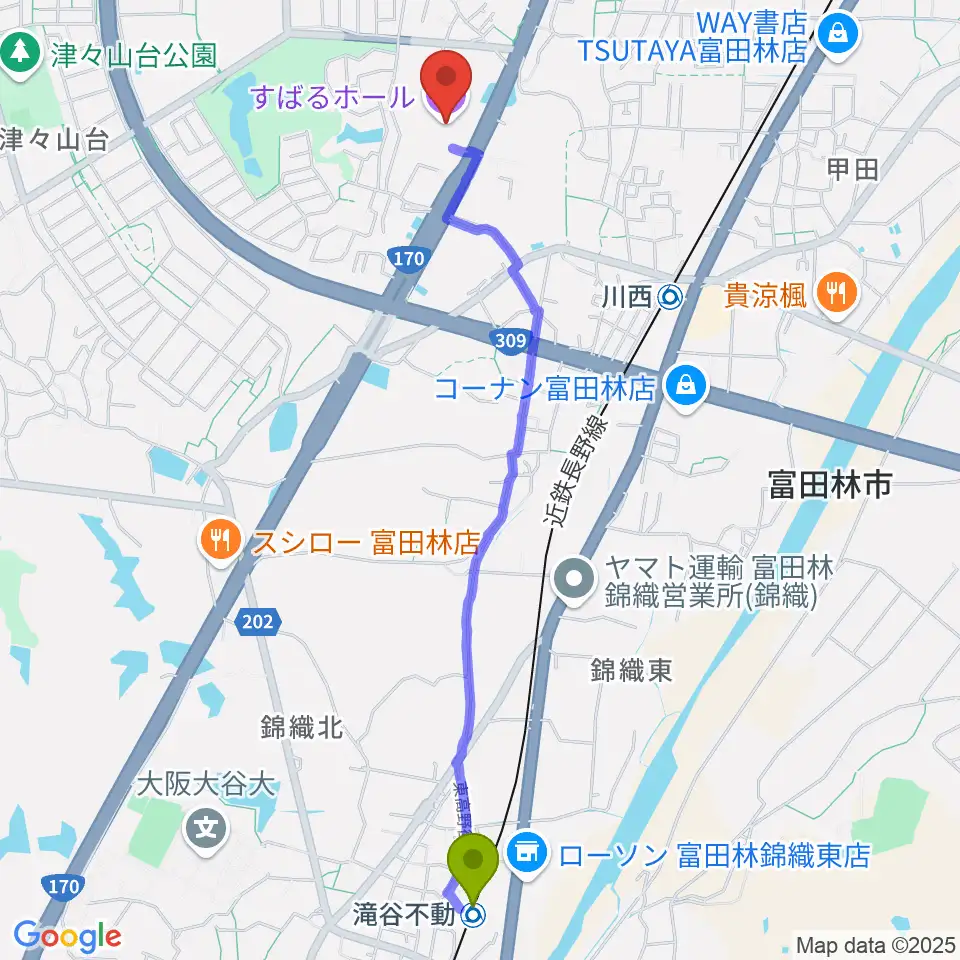 滝谷不動駅からすばるホールへのルートマップ地図