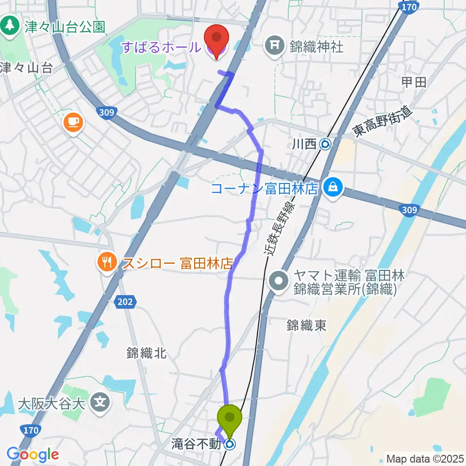 滝谷不動駅からすばるホールへのルートマップ地図