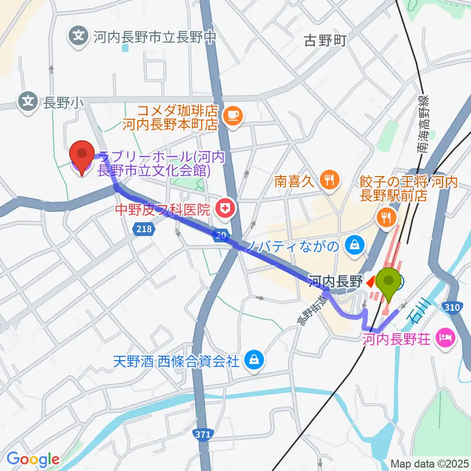 ラブリーホールの最寄駅河内長野駅からの徒歩ルート（約11分）地図