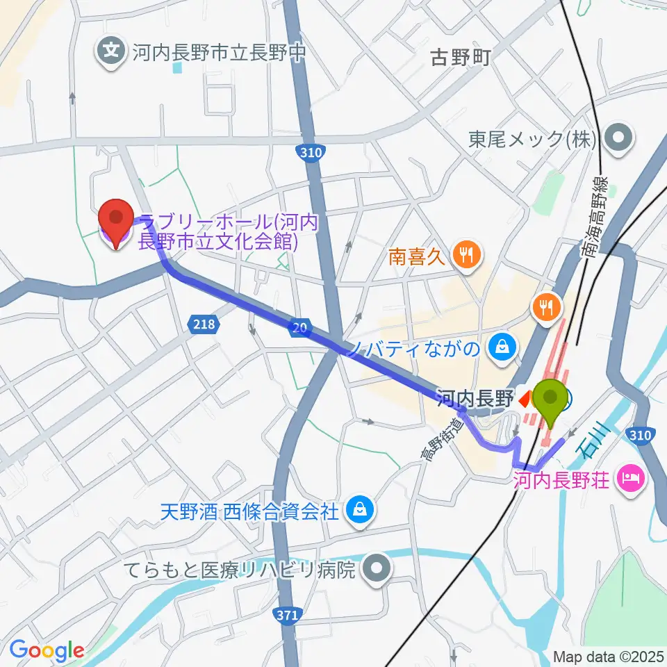 ラブリーホールの最寄駅河内長野駅からの徒歩ルート（約11分）地図