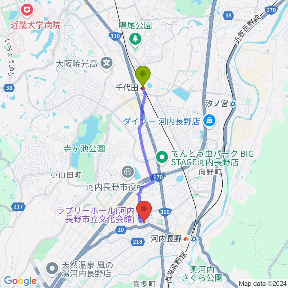 千代田駅からラブリーホールへのルートマップ地図