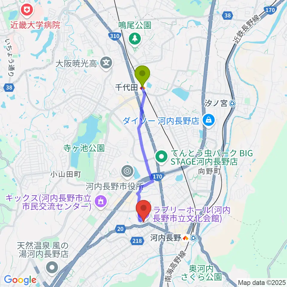 千代田駅からラブリーホールへのルートマップ地図