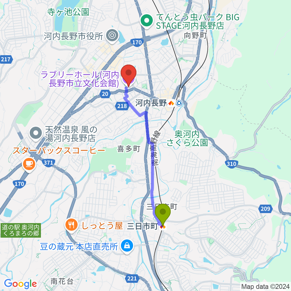 三日市町駅からラブリーホールへのルートマップ地図