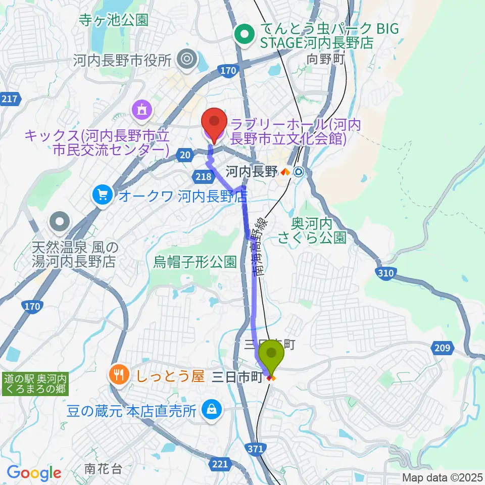 三日市町駅からラブリーホールへのルートマップ地図