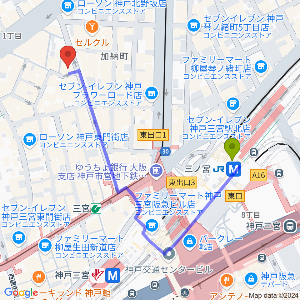 神戸DAY by DAYの最寄駅三ノ宮駅からの徒歩ルート（約5分）地図