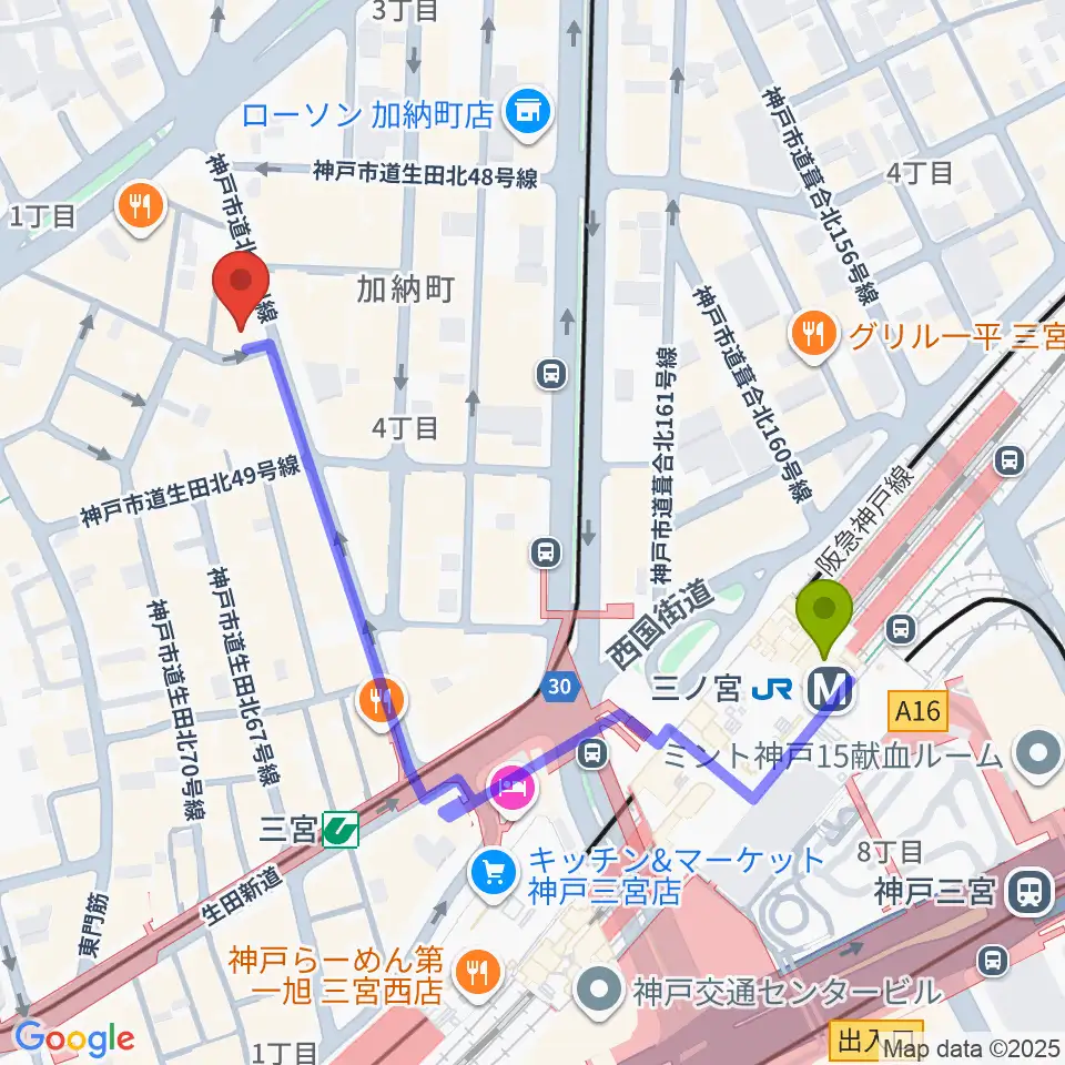 神戸DAY by DAYの最寄駅三ノ宮駅からの徒歩ルート（約5分）地図