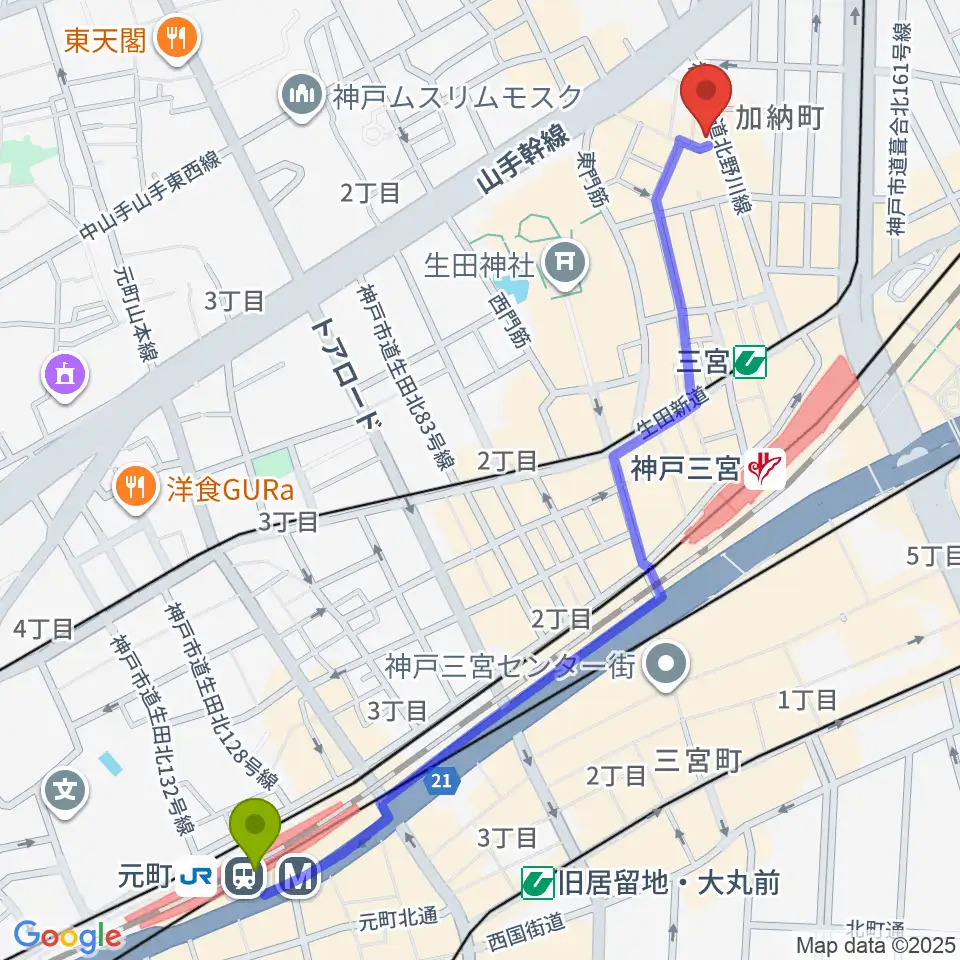 元町駅から神戸DAY by DAYへのルートマップ地図